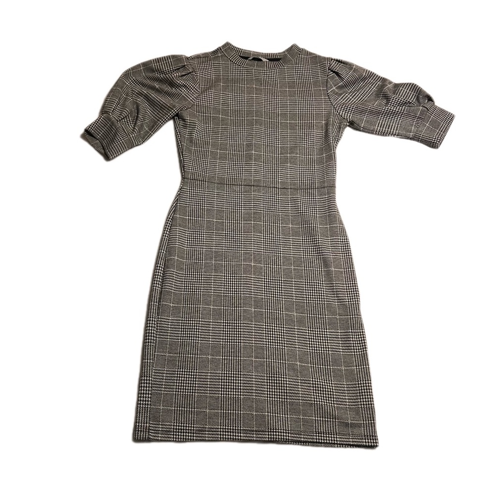 H&M Houndstooth Plaid Puff Sleeve Dress - Monochrome Black & White Mini XS
